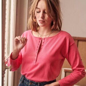 SEZANE XL 100% Organic Cotton Pink Long Sleeve Button Tee Shirt Top GATSBY